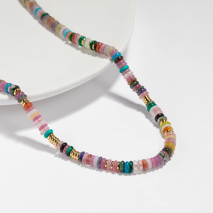 Boho Beaded Choker Necklace for Women, Gemstone Choker Natural Stone Freshwater Pearl Surfer Necklaces 14K Gold Plated Summer Beach Handmade Jewelry