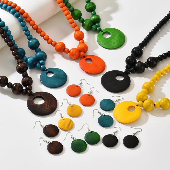 Boho Wooden Beaded Necklace and Earring Set for Women, Bohemian Chunky Statement Costume Jewelry,