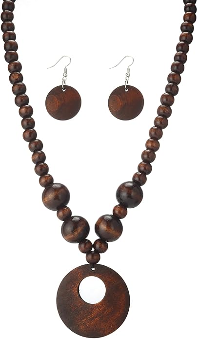 Boho Wooden Beaded Necklace and Earring Set for Women, Bohemian Chunky Statement Costume Jewelry,