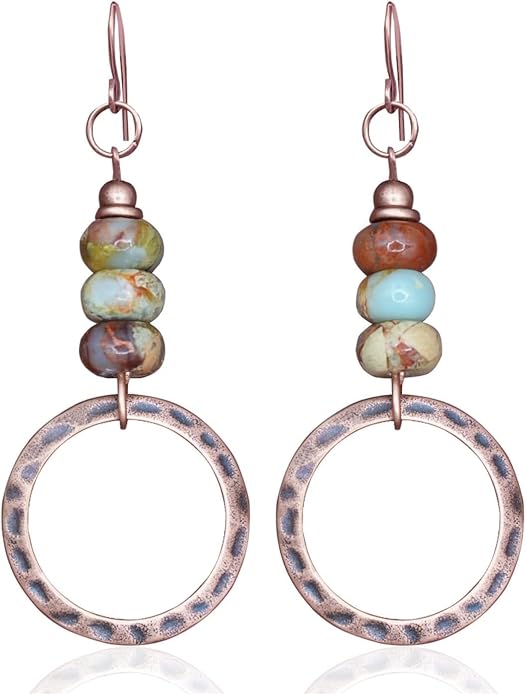 Boho Earrings for women, Hammered Copper Earrings, Bohemian Beaded Gemstone Rustic Jewelry, African Opal Earrings Handmade