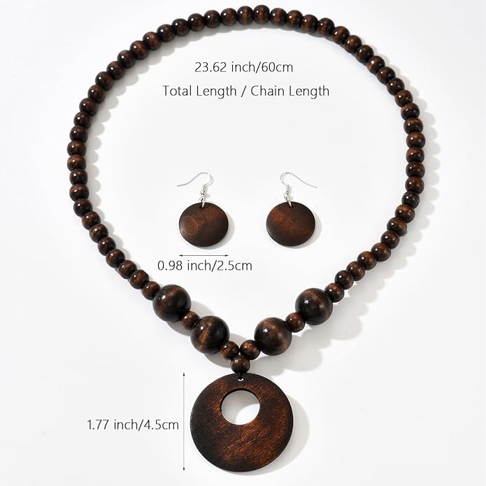 Boho Wooden Beaded Necklace and Earring Set for Women, Bohemian Chunky Statement Costume Jewelry,