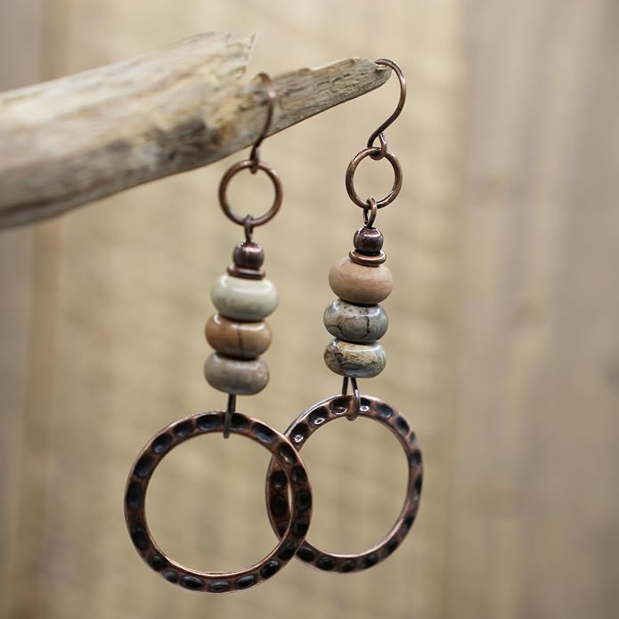 Boho Earrings for women, Hammered Copper Earrings, Bohemian Beaded Gemstone Rustic Jewelry, African Opal Earrings Handmade
