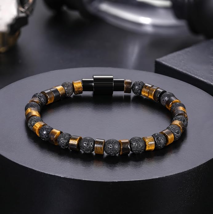Beaded Bracelets for Men Women Natural Hematite 6mm Tiger Eyes Mens Bracelet Gemstone Jewelry for Him 7.5/8.3/9 Inch Length