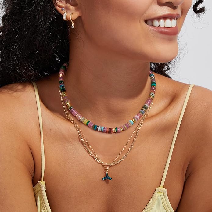 Boho Beaded Choker Necklace for Women, Gemstone Choker Natural Stone Freshwater Pearl Surfer Necklaces 14K Gold Plated Summer Beach Handmade Jewelry