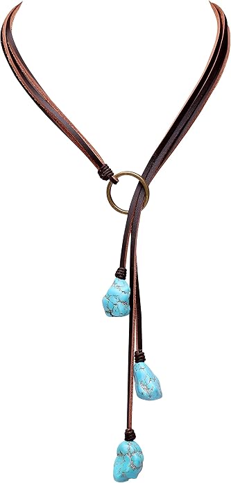 Bohemian Synthetic Turquoise Necklace Handmade Vintage Y-shaped Jewelry with Genuine Flat Brown Leather