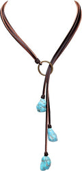 Bohemian Synthetic Turquoise Necklace Handmade Vintage Y-shaped Jewelry with Genuine Flat Brown Leather