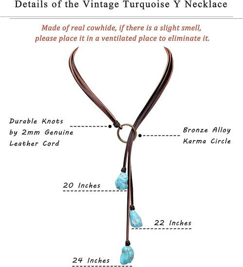 Bohemian Synthetic Turquoise Necklace Handmade Vintage Y-shaped Jewelry with Genuine Flat Brown Leather
