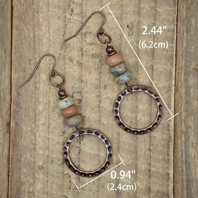 Boho Earrings for women, Hammered Copper Earrings, Bohemian Beaded Gemstone Rustic Jewelry, African Opal Earrings Handmade