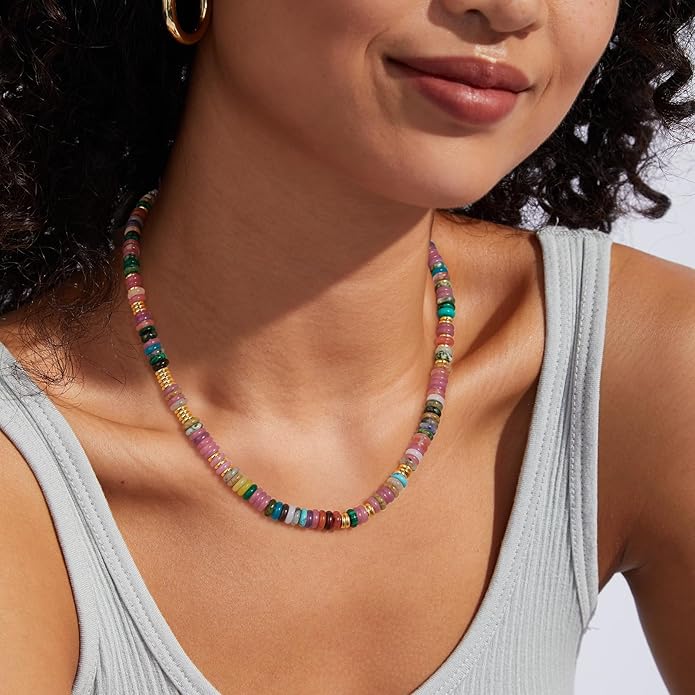 Boho Beaded Choker Necklace for Women, Gemstone Choker Natural Stone Freshwater Pearl Surfer Necklaces 14K Gold Plated Summer Beach Handmade Jewelry