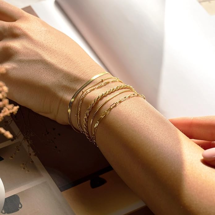 Waterproof 14K Gold Plated Stack Bracelets, Non Tarnish Trendy Jewelry Gifts for Women