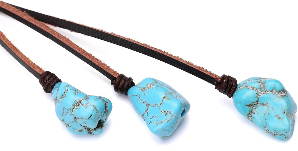 Bohemian Synthetic Turquoise Necklace Handmade Vintage Y-shaped Jewelry with Genuine Flat Brown Leather