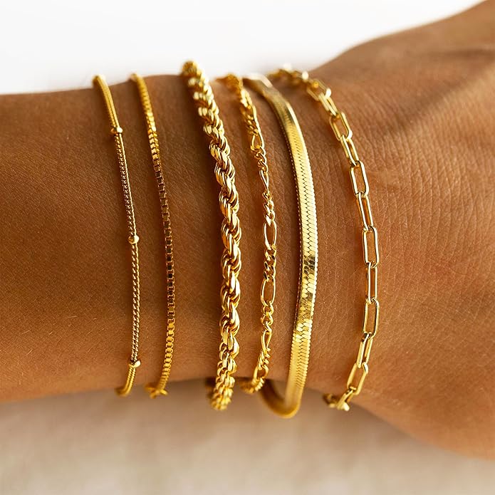 Waterproof 14K Gold Plated Stack Bracelets, Non Tarnish Trendy Jewelry Gifts for Women