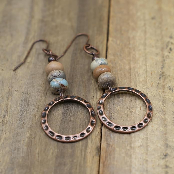 Boho Earrings for women, Hammered Copper Earrings, Bohemian Beaded Gemstone Rustic Jewelry, African Opal Earrings Handmade