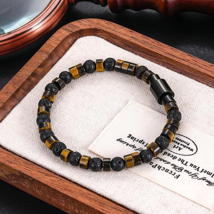 Beaded Bracelets for Men Women Natural Hematite 6mm Tiger Eyes Mens Bracelet Gemstone Jewelry for Him 7.5/8.3/9 Inch Length