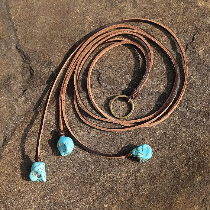Bohemian Synthetic Turquoise Necklace Handmade Vintage Y-shaped Jewelry with Genuine Flat Brown Leather